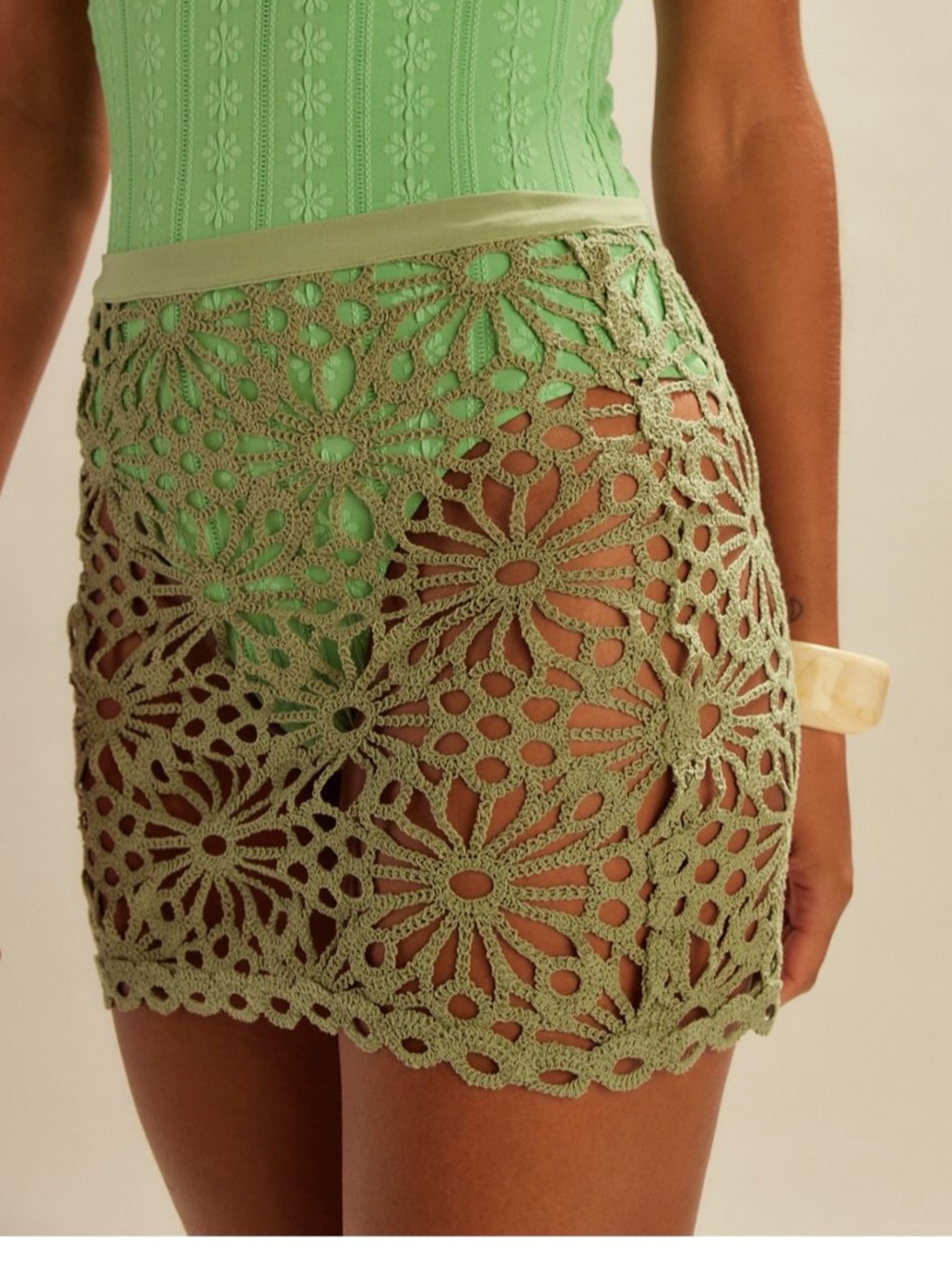 Norma Kamali Straight Lace Mini Skirt Swim Coverup Vintage Green M $160